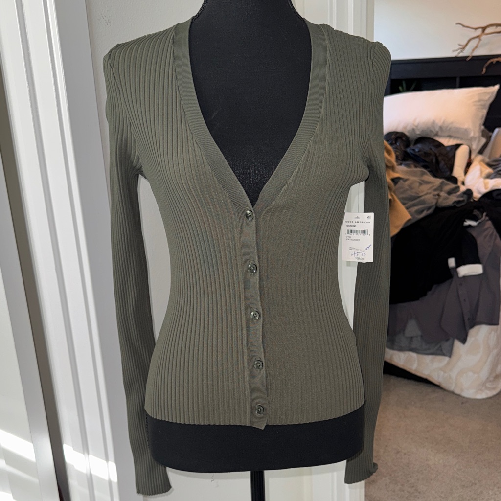 Good American Khaki Ribbed Cardigan